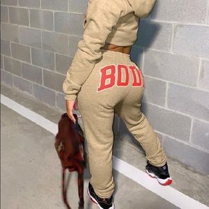 2 Piece Tan “BODY” Sweat Suit set